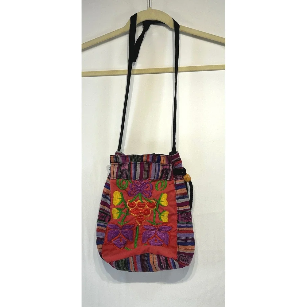 Sebastian Giron Guzman Boho Artisan Embroidered Woven Crossbody Bag Red Multi